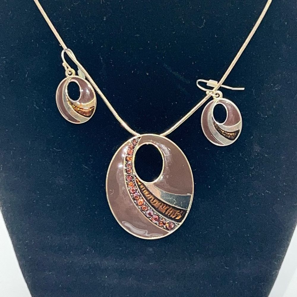 Vintage 80s Modernist Enamel and Rhinestone Necklace & Earring‎ Set